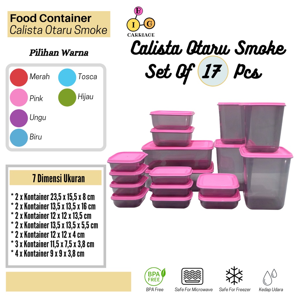 TOPLES PLASTIK CALISTA OTARU SMOKE 17 PCS WADAH KOTAK MAKAN SET BOX TEMPAT PENYIMPANAN MAKANAN SAYUR
