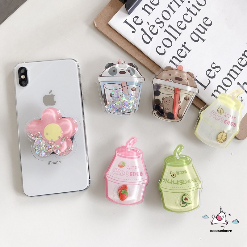 Squishy 3D Quicksand Holder Liquid Phone Holder Stand Desk Adjusttable Folding Bracket Popsocket for All Smartphone Cartoon Cute Phone Stand We Bare Bears Drink Bottle