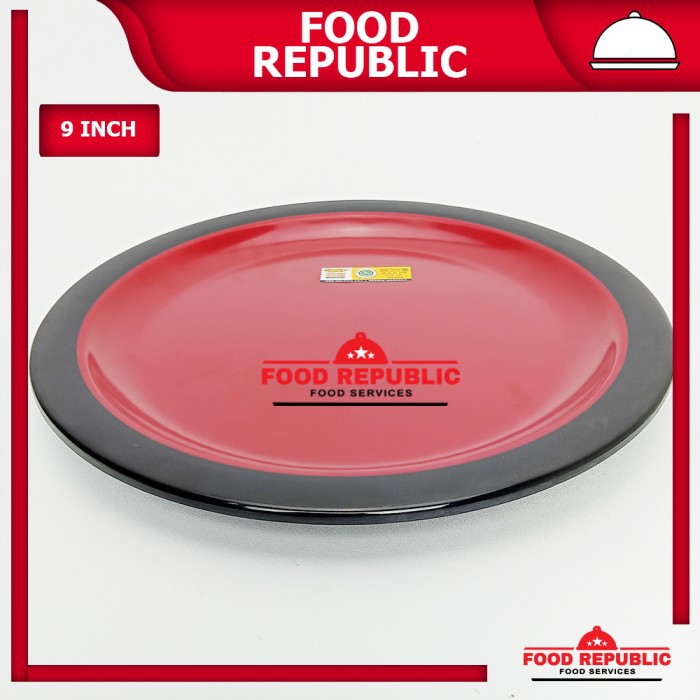 PIRING DATAR BULAT MELAMIN ASLI 9 INCH GOLDEN DRAGON P09A8 MERAH HITAM