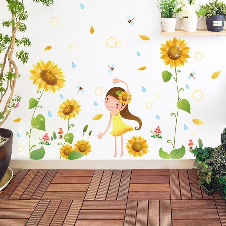 Reliza Wall Sticker Sunflower Girl Garden Bunga Matahari Stiker Dinding LDR 7192