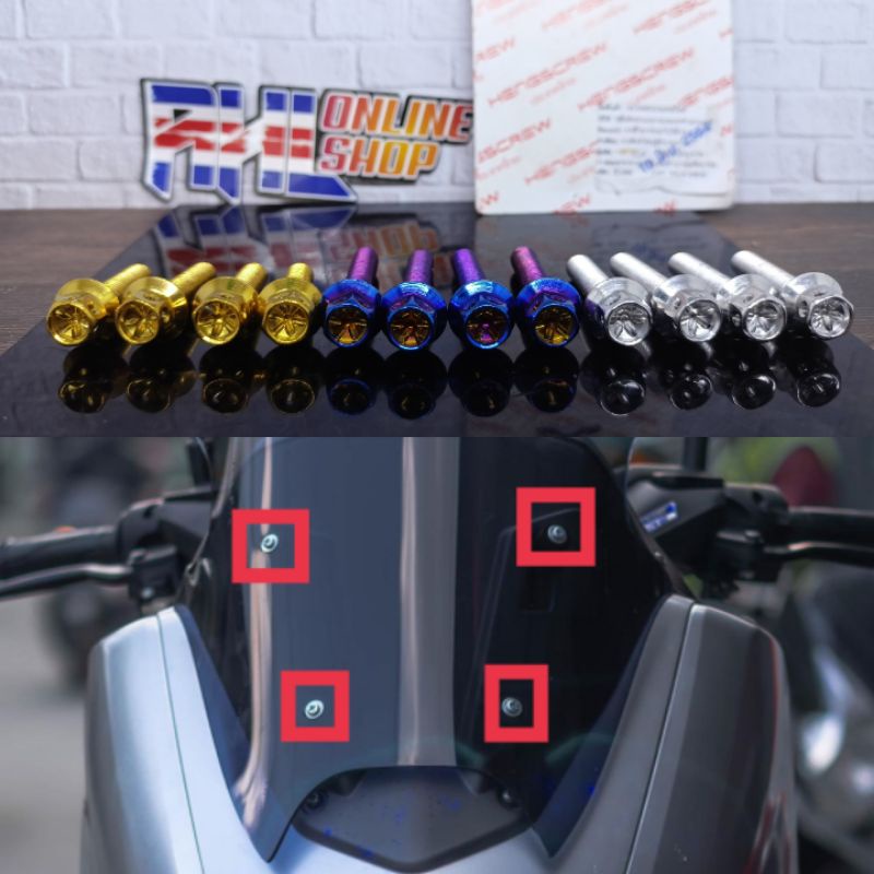 harga 4 baut visor whinshield nmax Aerox lexi stainless original heng