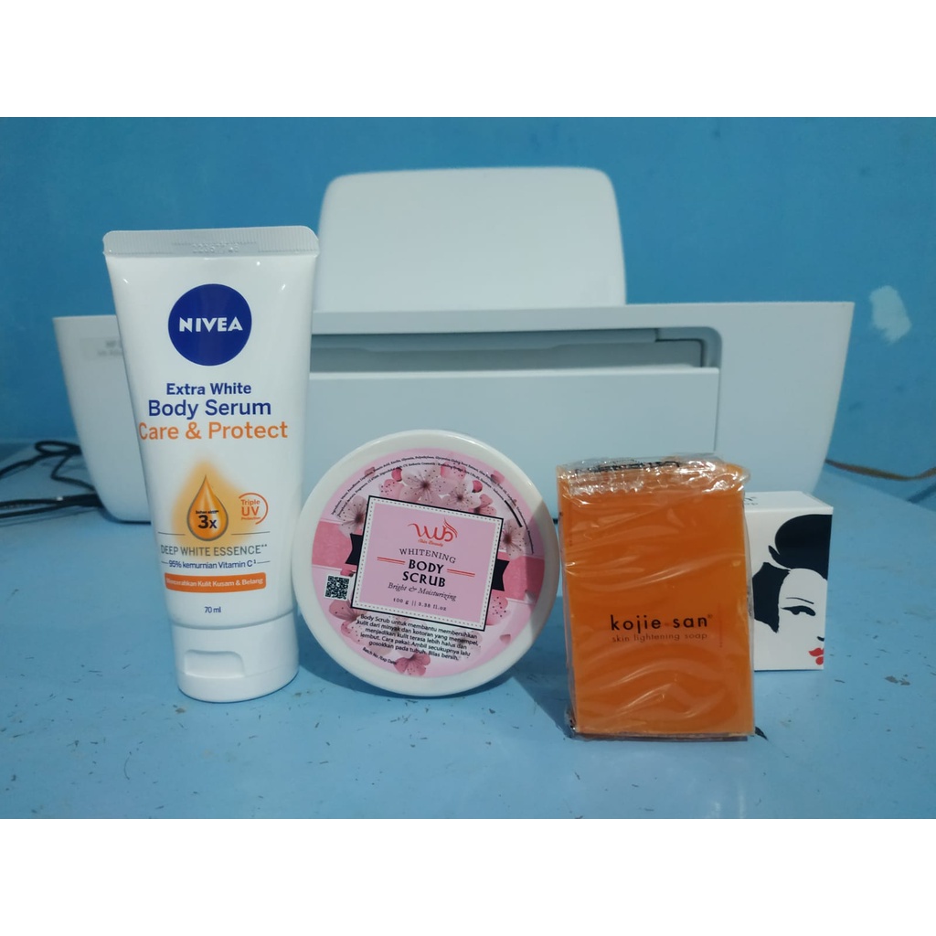 Paket viral pemutih badan wub body scrub original, nivea body serum original, sabun kojiesan origina