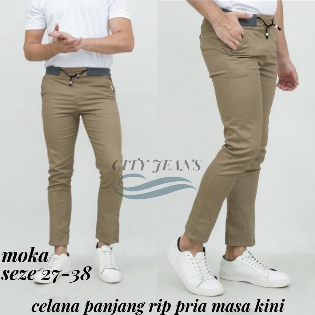 [TERLARIS] CELANA CHINOS COWOK PANJANG KARET PINGGANG RIP KOLOR,