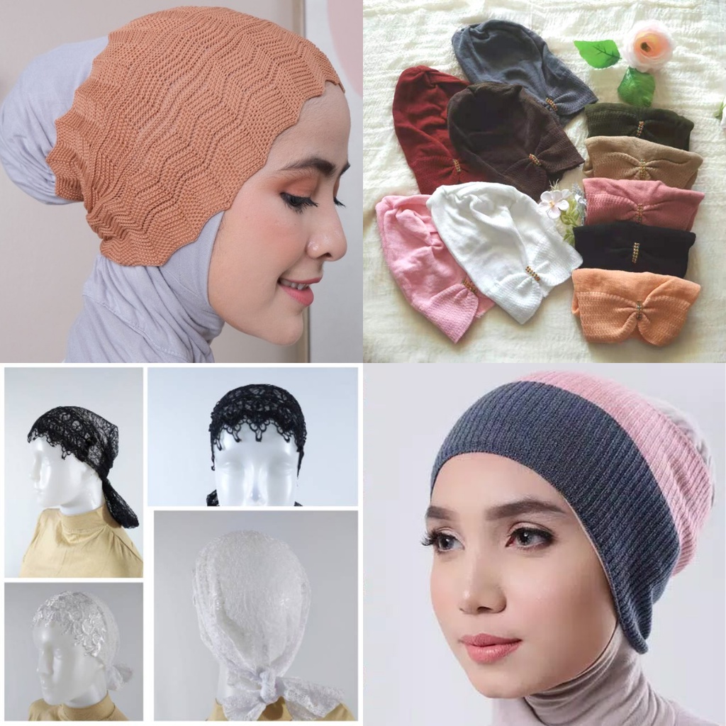 Ciput Anti Pusing Bahan Rajut Untuk Dalaman Kerudung Hijab (Inner Jilbab Motif Nanas Dua Warna Ciput Kupluk Serut Ciput Brukat Panjang)