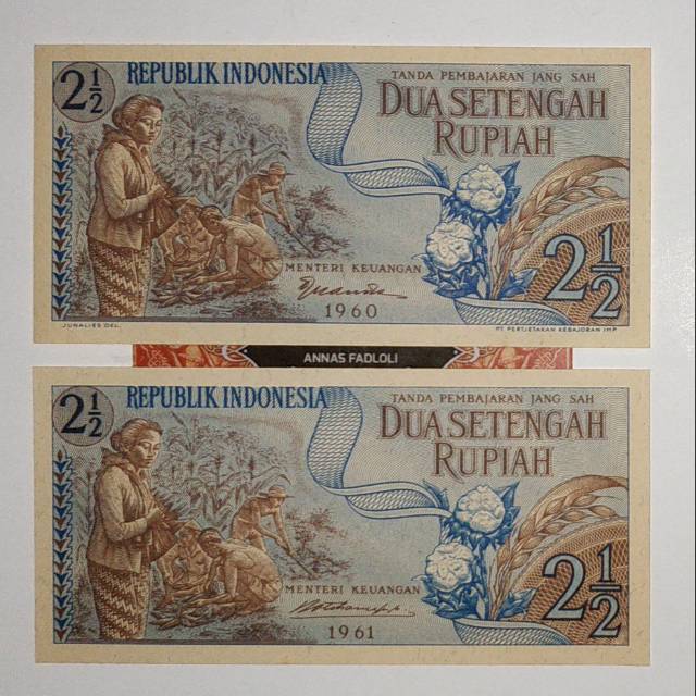 (Tahun 1960 &amp; 1961) Paket uang kuno 2 setengah rupiah sandang pangan tahun 1960 &amp; Tahun 1961