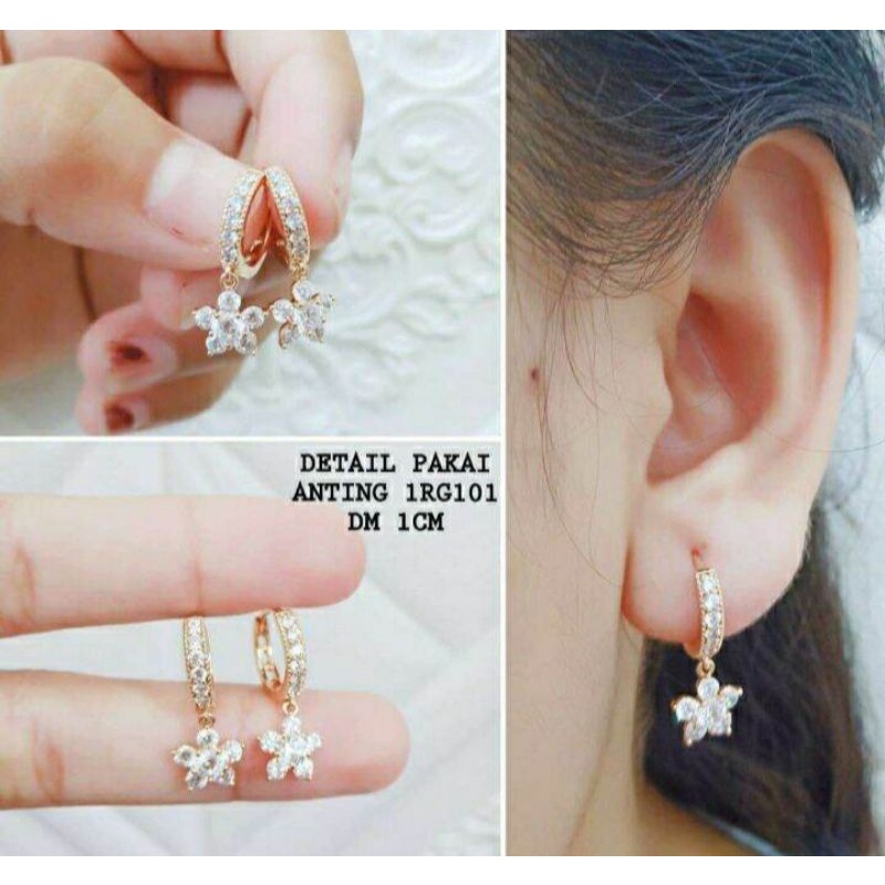 Anting jepit bunga full permata rosegold fashion wanita titanium original anti luntur