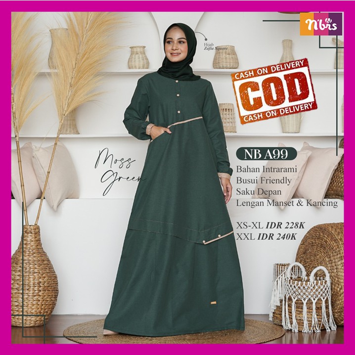 Baju Gamis Nibras Terbaru 2021 Pakain Wanita Muslim Busui Syari Promo Moss Green NBA99 NB A99 NBA 99