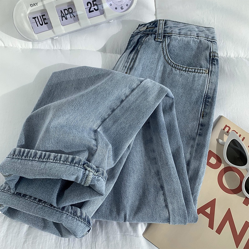 Highwaist Celana Jeans Wanita Straight Loose Krem/Biru/Hitam