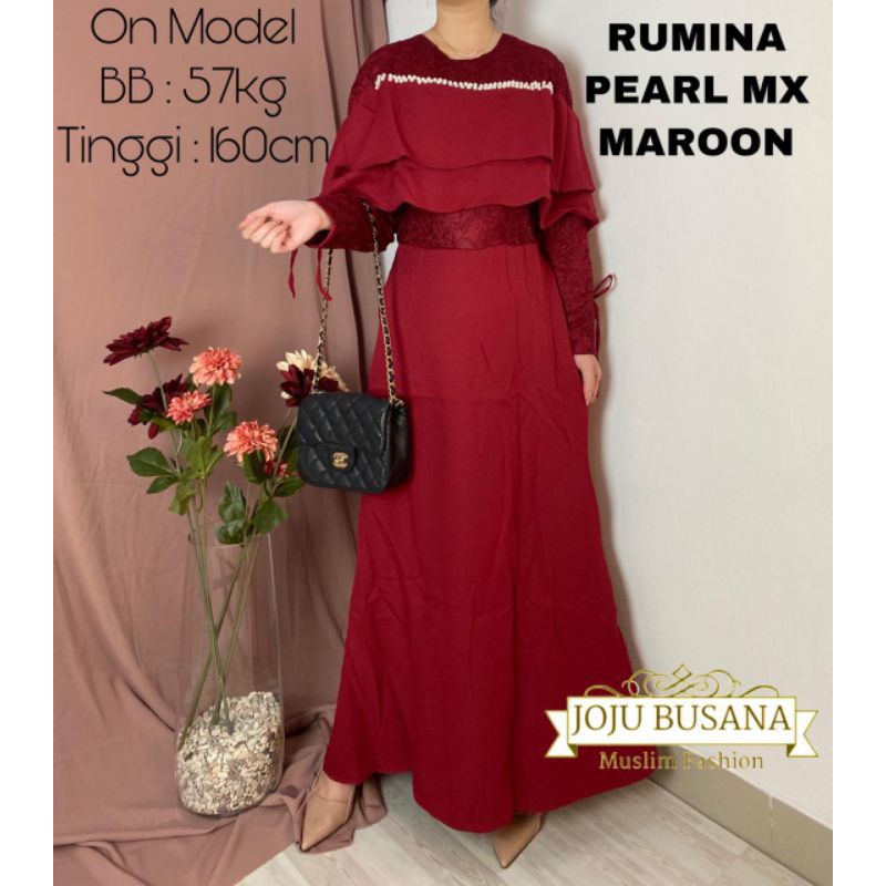 GAMIS DRESS MUSLIM RUMINA BRUKAT PEARL MAXI DRESS MURAH MOSCREPE BROKAT AKSEN MUTIARA MEWAH BAHAN