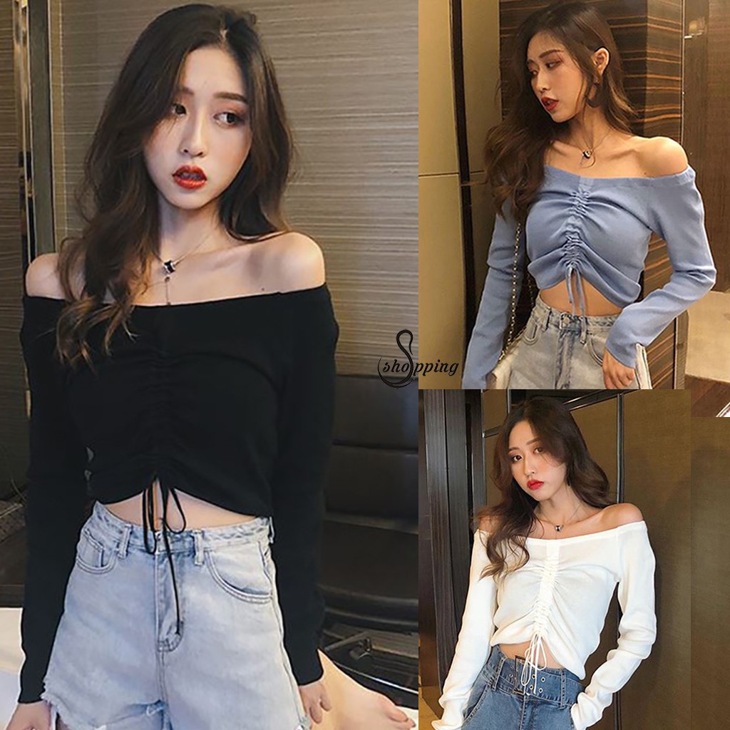  Crop  Top  Lengan  Panjang  Model  Off Shoulder Sabrina Sexy 