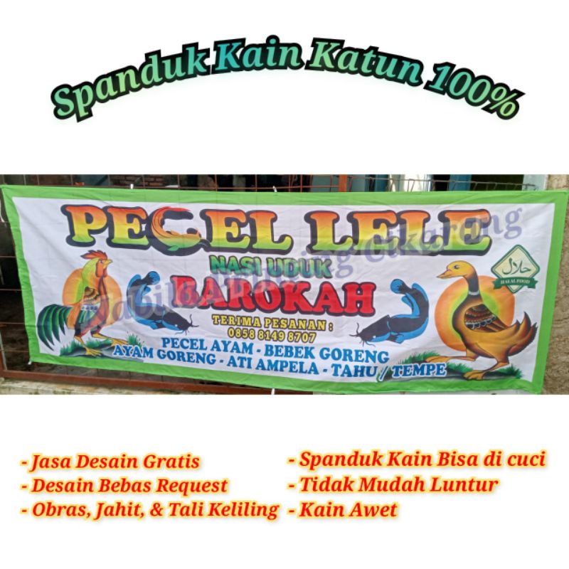 spanduk 100% kain Katun, pecel lele, Sari Laut, Lalapan, Seafood, Soto Lamongan, sate madura,
