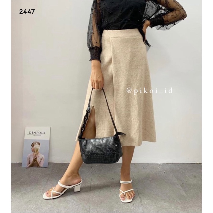 Knit skirt premium / rok rajut panjang a line / rok knit slit samping / rok flare korea hitam modern