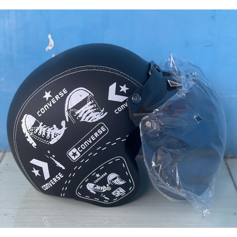 Helm Retro Kulit Murah SNI + Kaca Bogo Cembung