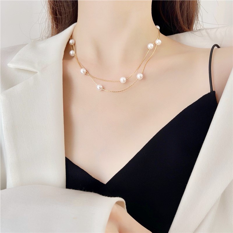 Kalung Rantai Wanita Model Lapis Ganda Aksen Mutiara Untuk Musim Panas