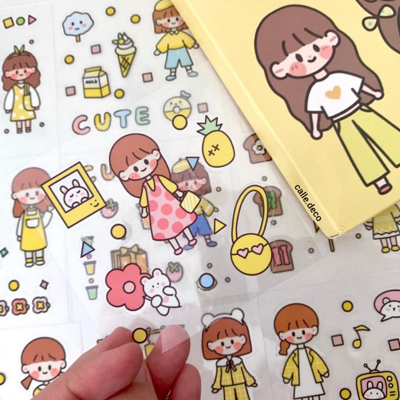 

(YELLOW EDITION) Cute Girl Sticker Deco PVC / Mini Sticker Cute / Stiker Tumblr Aesthetic / Stiker HP/ Stiker DIY Jurnal (Random)