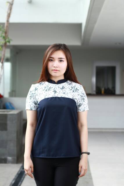 Blouse Batik Wanita Modern Navy M L XL XXL