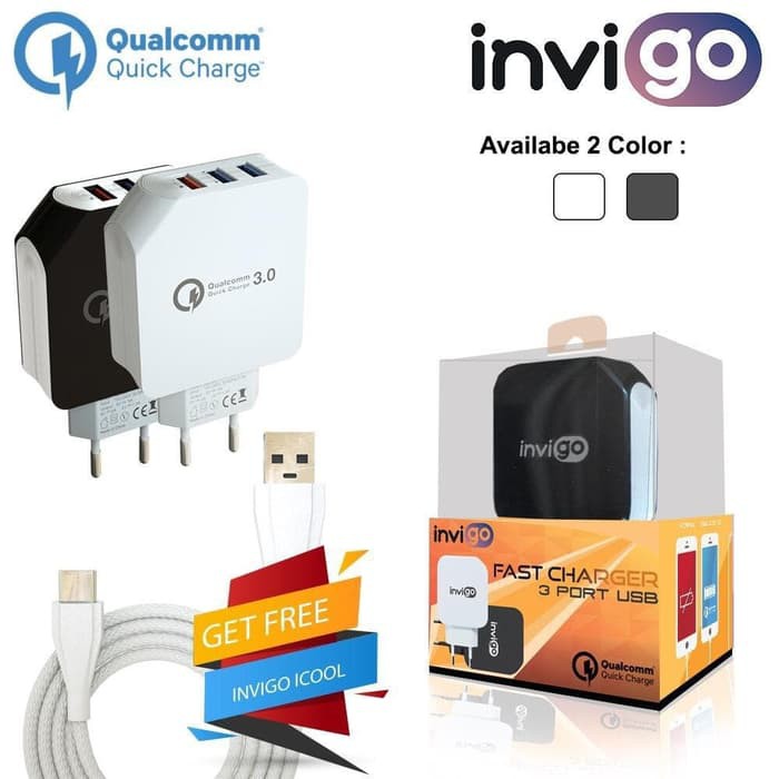 INVIGO Adapter Kabel Charger Qualcomm 3.0 Fast Charge 3A & 2.4A 3 Port