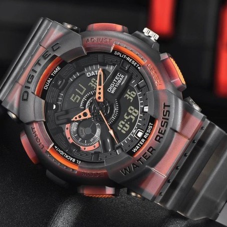 JAM TANGAN DIGITEC 2020 T ORIGINAL WR 10BAR DUALTIME HITAM ORANGE ABU