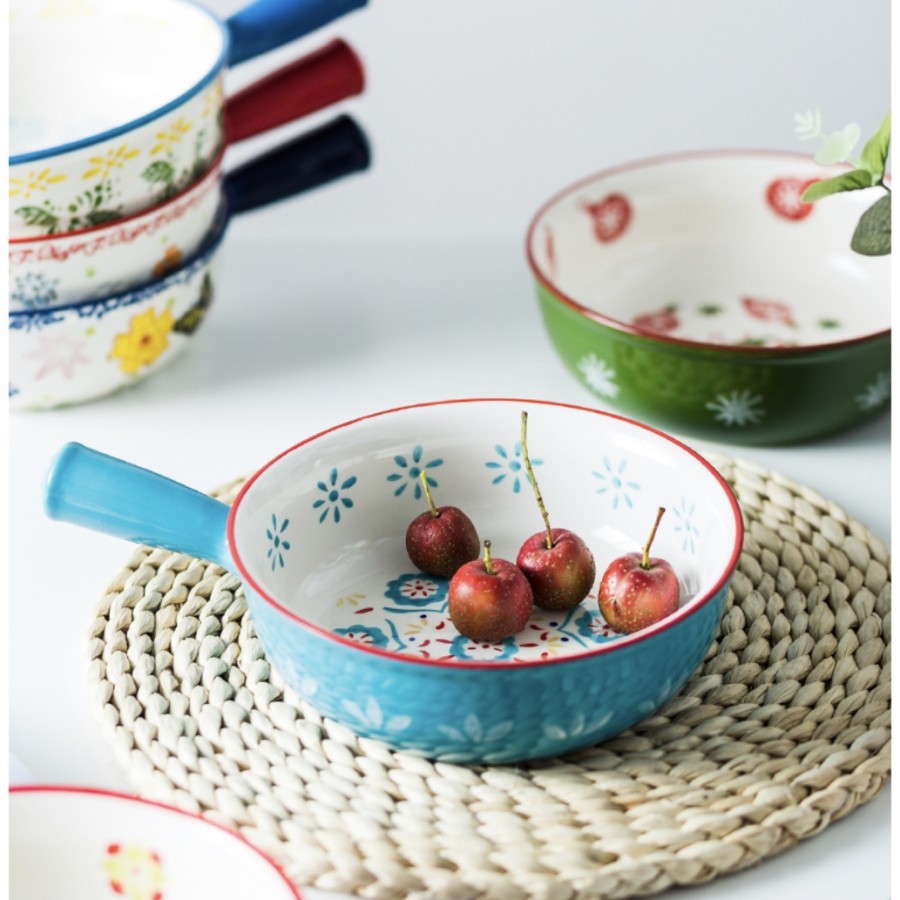 Mangkok Keramik with Handle Bohemian Style Baking Bowl Soup Salad Fruit Bowl