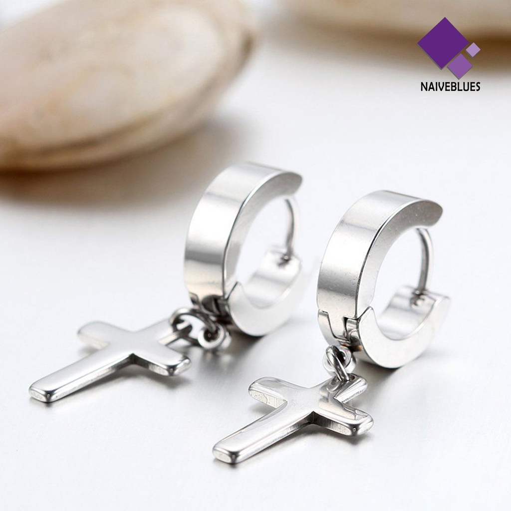 1 Pasang Anting Hoop Liontin Salib Menjuntai Bahan Stainless Steel Untuk Pria