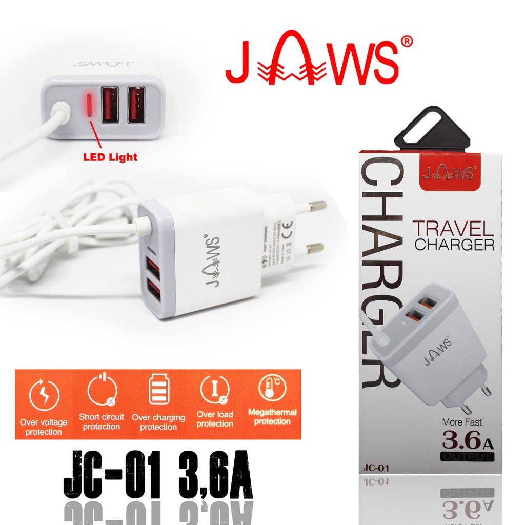 Travel Mini Kepala Charger Adapter Charge Jaws 2 USB Port JC-01 3,6A For Android Iphone Samsung Oppo Xiaomi Realme Xiaomi