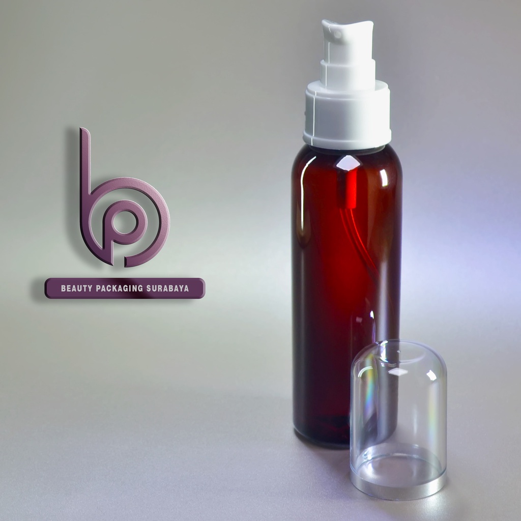 Botol plastik PET 100ml BR coklat amber tutup pump treatment FC putih