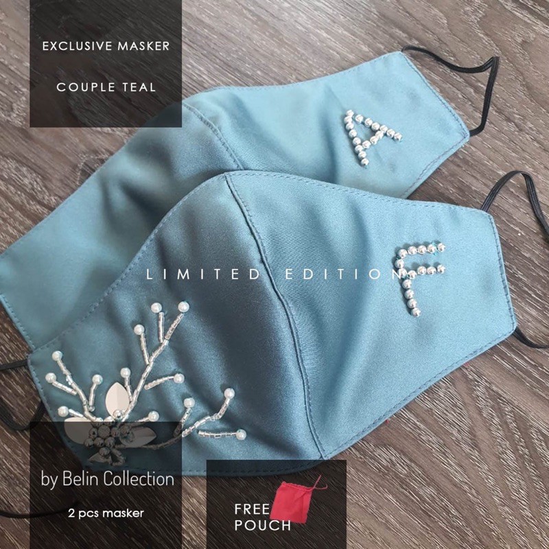 Masker Kain Brokat Premium Pesta 3ply | Teal / Dark Olive Inisial Nama Payet Akar Pasangan