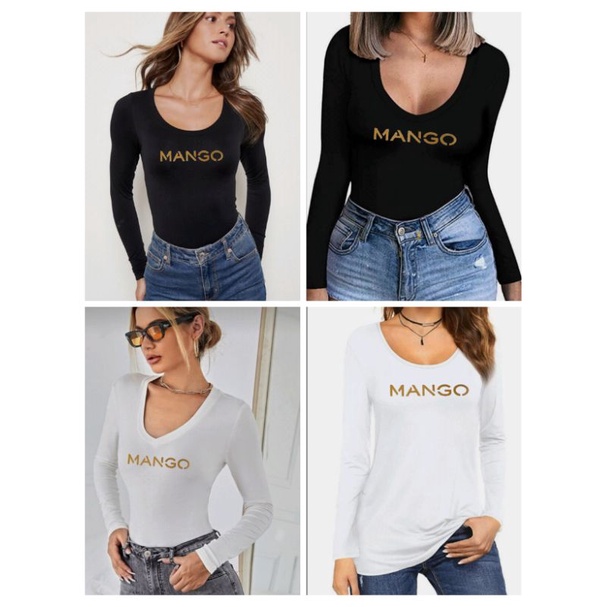kaos wanita import tangan panjang bodyfit stretch u neck v neck