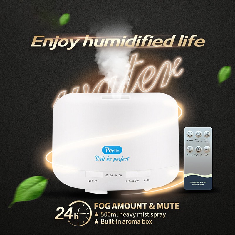 Perfin 500ml aromaterapi humidifier 7 berubah warna LED putih muda+kendali jarak jauh