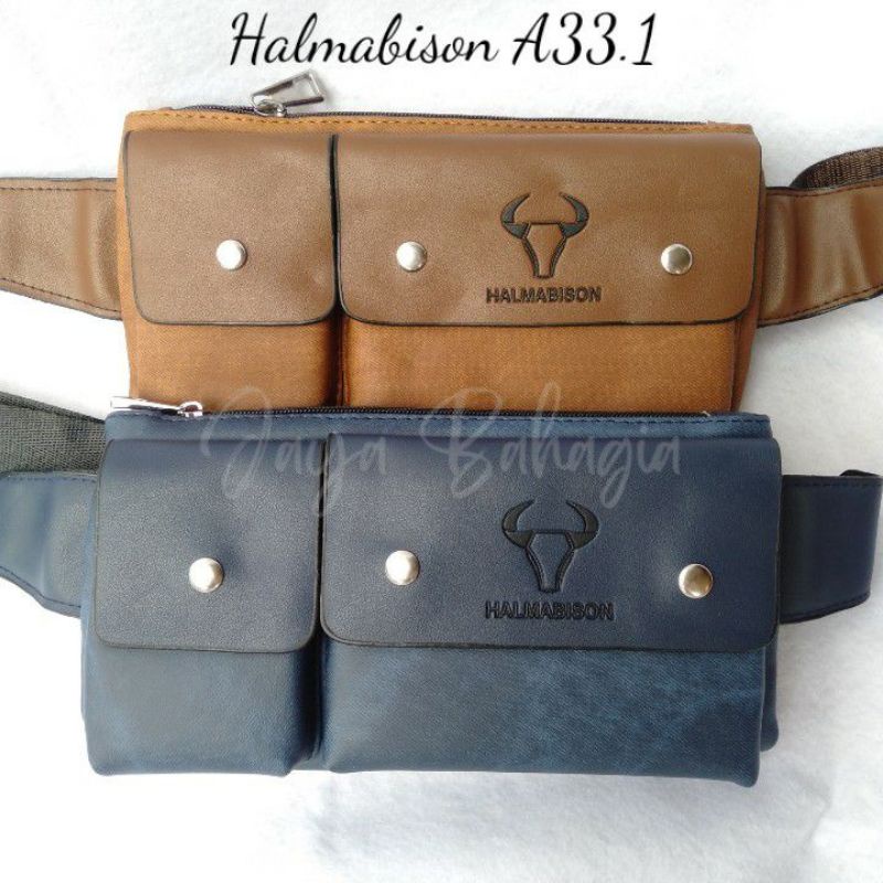 Waistbag Pria Tas Pinggang Halmabison Slingbag Selempang Dada Import Bahan Kulit Kombinasi