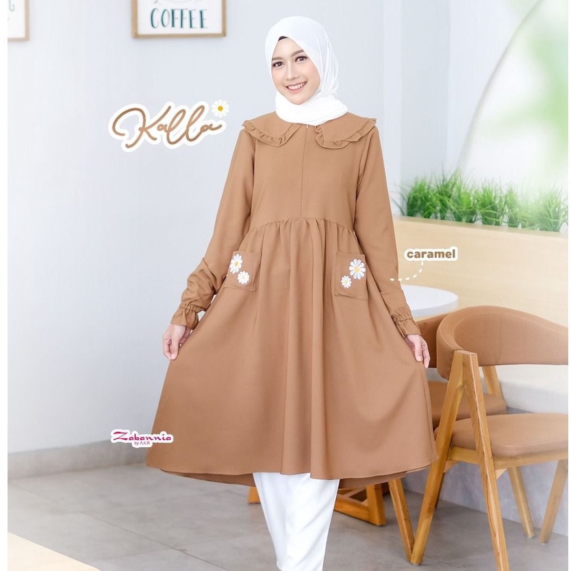 SET TUNIK KALLA MOM ORIGINAL BY ZABANNIA SETELAN CELANA PANJANG ATASAN HIJAB PASHMINA BAJU BUSANA MU