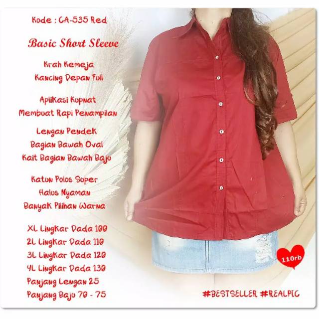 KEMEJA KANTOR WANITA KATUN LENGAN PENDEK XL XXL XXXL 4L 5L JUMBO BIG SIZE MERAH KUNING PUTIH  HITAM