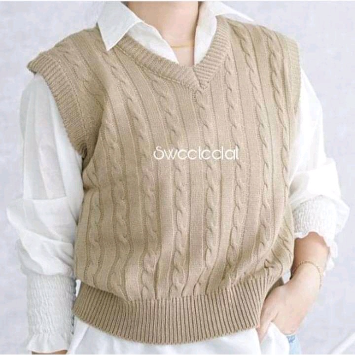Cable Knit Sweater Rajut vest sleeveless V Neck Tanpa Lengan Multifungsi