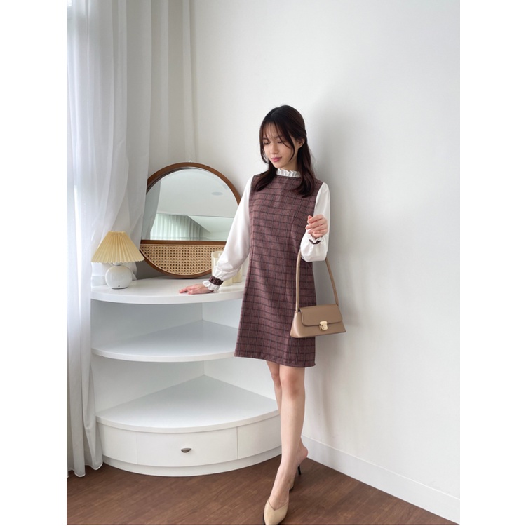 D-0189 Dress Tweed Korea Frill Neck