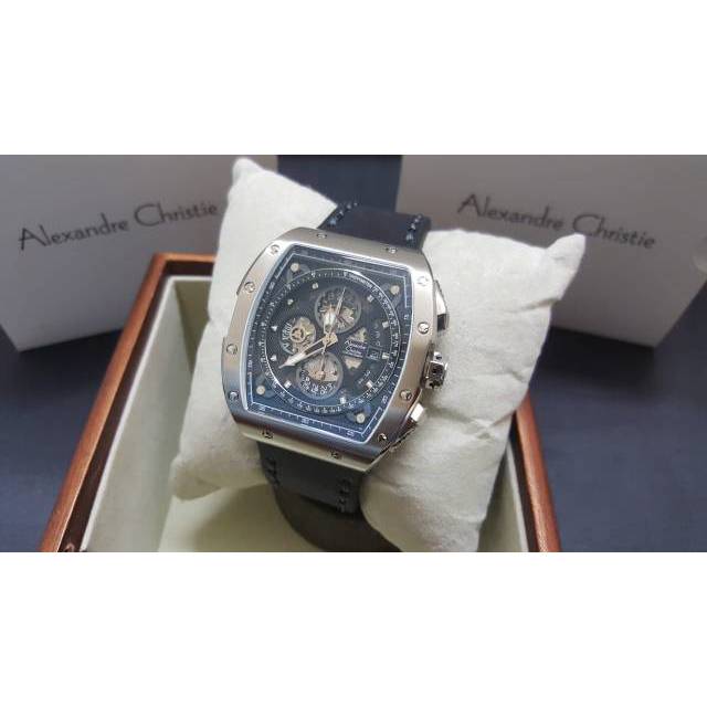 BARANG LANGKA Jam Tangan Pria Alexandre Christie AC 6411 AC6411 Silver Black Leather Original 45mm