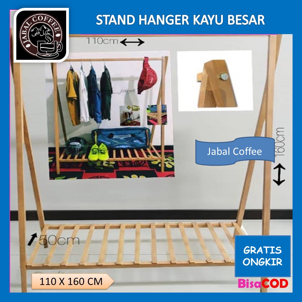 Gantungan Baju Gantung Plus Rak Bawah / Stand Hanger Kayu Warna Coklat / Rak Sepatu-Sandal-Tas