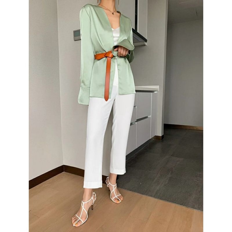 MDLV ~ 7102 Nectaria Satin Cardigan Free Belt Women Satin Cardigan Import Cardigan Satin Lengan Panjang Wanita Fashion import