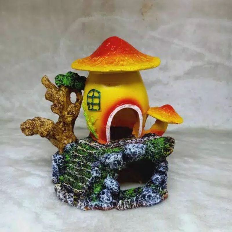 hiasan aquarium rumah jamur, dekorasi aquarium jamur, hiasan aquarium jamur, hiasan fiber aquarium j