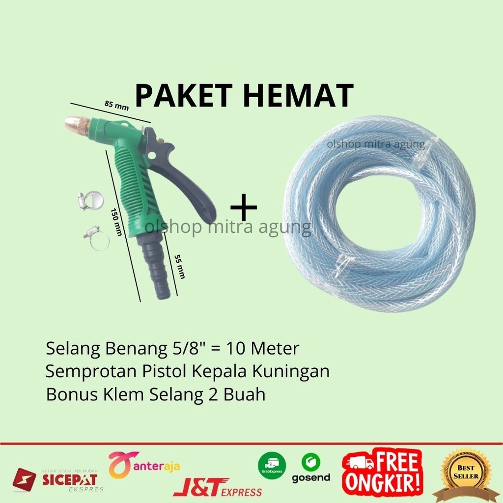 Paket 10Meter Selang Air 5/8&quot; inch + Semprotan Selang Anti Lumut Hijau &amp; Bening Semprot Taman Kebun