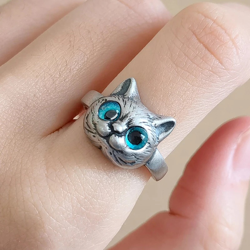 Cincin Model Terbuka Dapat Disesuaikan Desain Hewan Kucing Mata Biru Gaya Vintage Punk Gothic Untuk Unisex