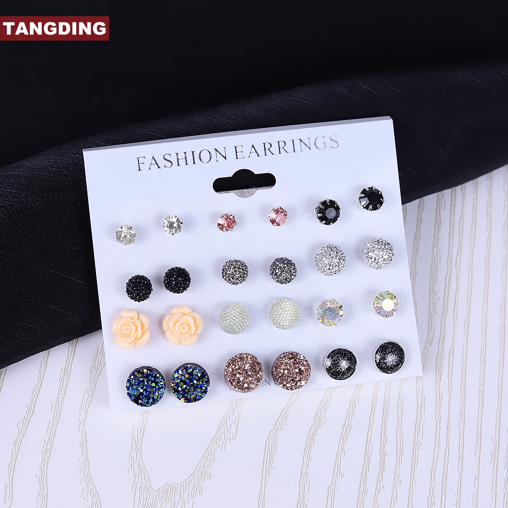 12 Pasang / Set Anting Stud Bola Kristal Untuk Aksesoris Perhiasan Wanita