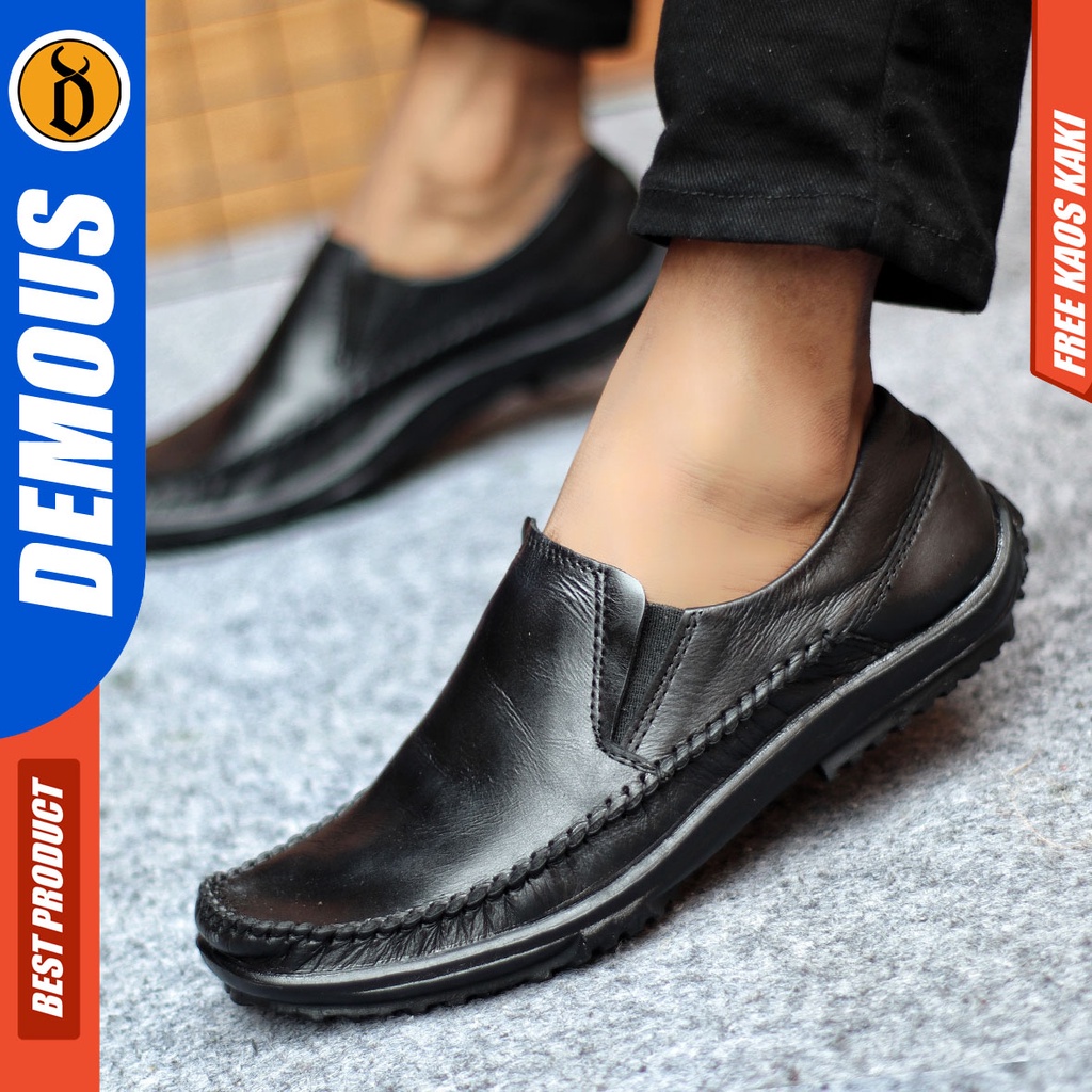 Sepatu Slip On Pria Sepatu Casual Pria Formal Kulit Asli Sepatu Pantofel Kerja Kantor Kuliah Kondangan Sepatu Slop Pria Sepatu Hitam Pria DEMOUS SLIDERZ