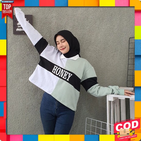 Jaket Wanita Korea Baby Bear Baseball Terbaru Sweater Wanita - Honey Colar Croope Sweater Wanita - S