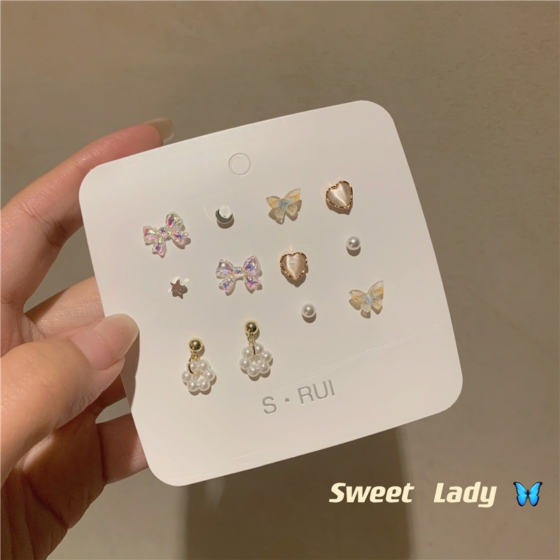 Butterfly Set Anting Stud Desain Kupu-Kupu Hati Pita Bintang Aksen Mutiara Untuk Wanita