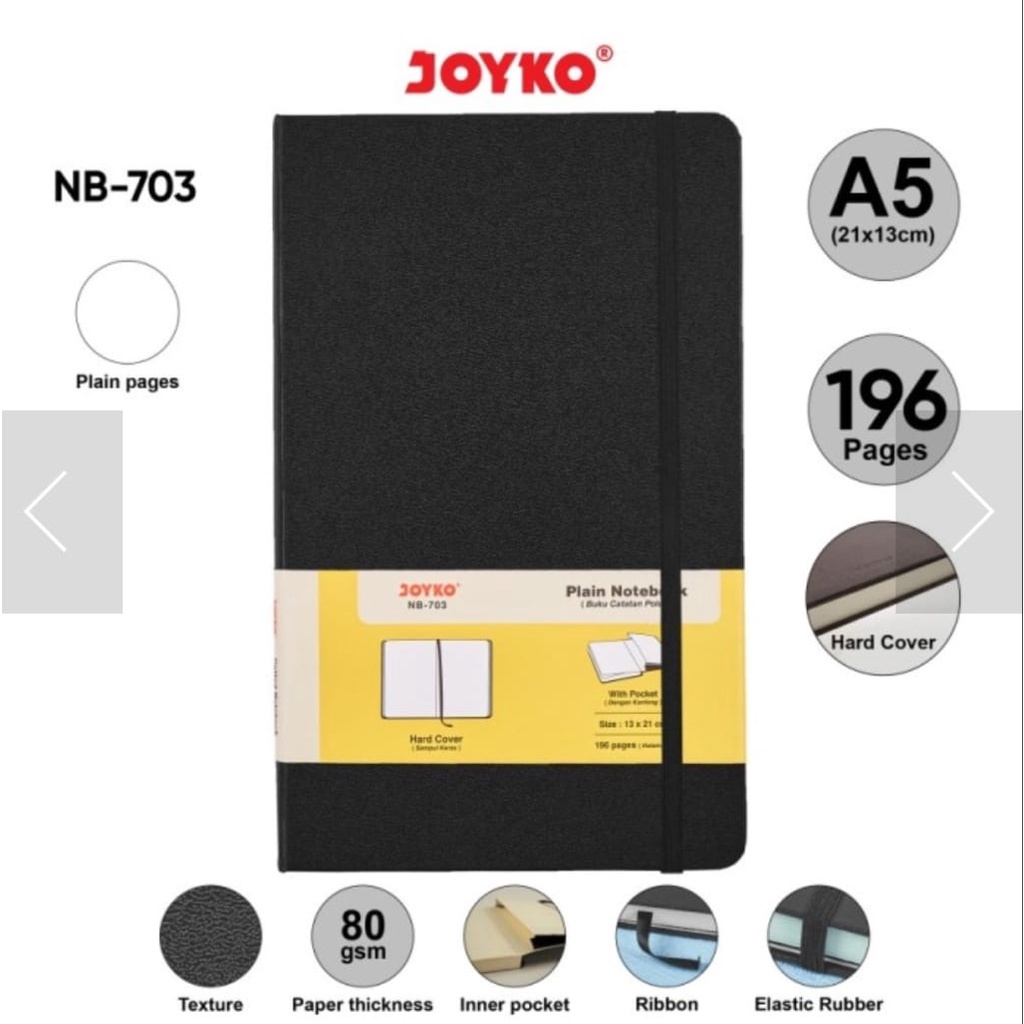 PLAIN HARDCOVER NOTEBOOK A5 | POCKET | JOYKO NB-703 | DIARY | BUKU CATATAN POLOS | 196 hal | 80 gsm-HITAM