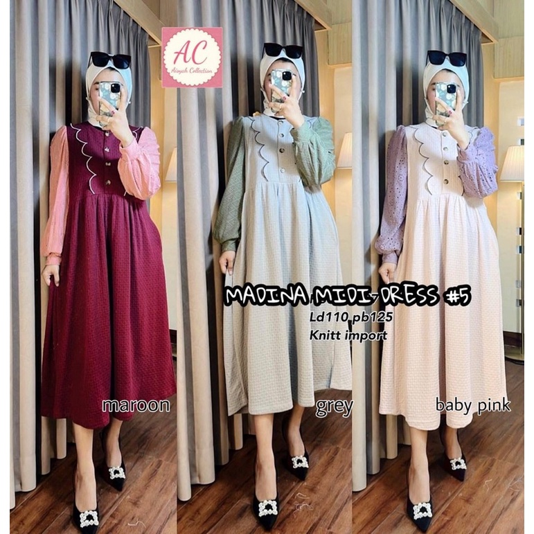MADINA #5 MIDI DRESS BAHAN KNIT IMPORT  BUSUI LD 110 PB 130 // MIDI DRES KNIT MIX BRUKAT IMPORT PREM