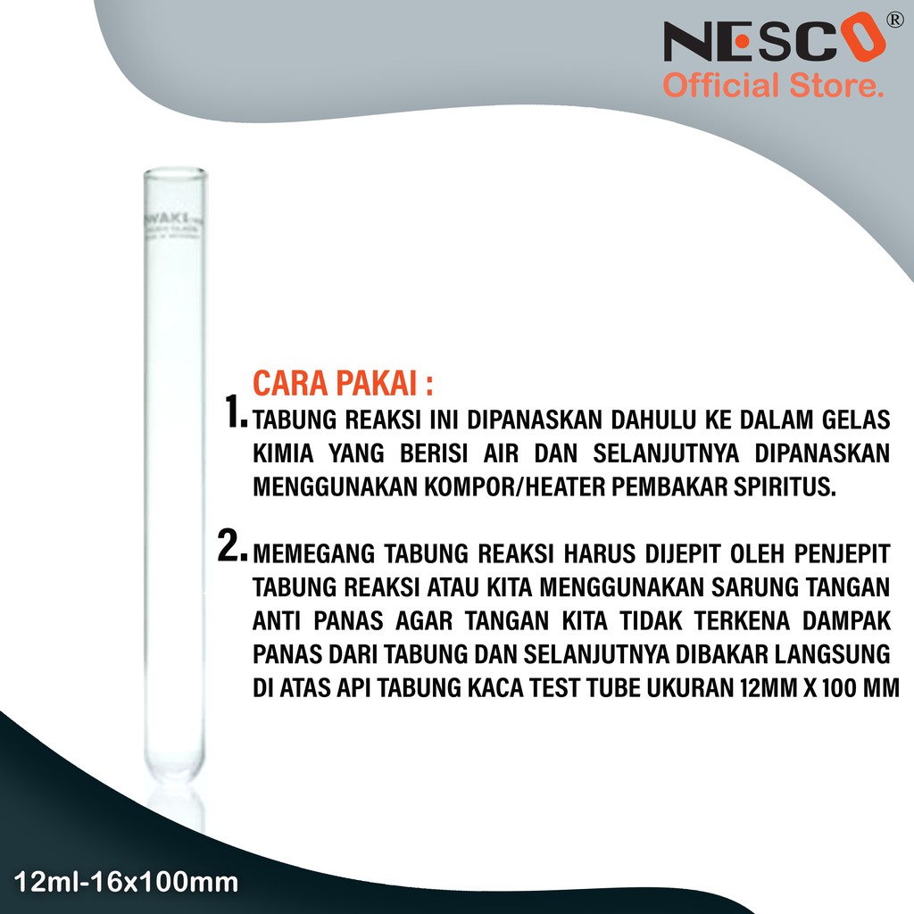 Nesco Test Tube Kaca w/o rim,  16x100mm, 16x150mm - Wadah Pengembangbiakan mikroba (satuan) /best seller