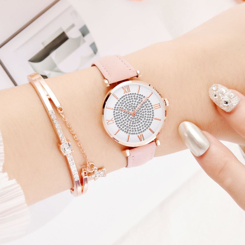 Jam Tangan Fashion Wanita Arloji Kuarsa Gelang Tali Dua Potong Starry PU Klasik Arloji/Jam Analog