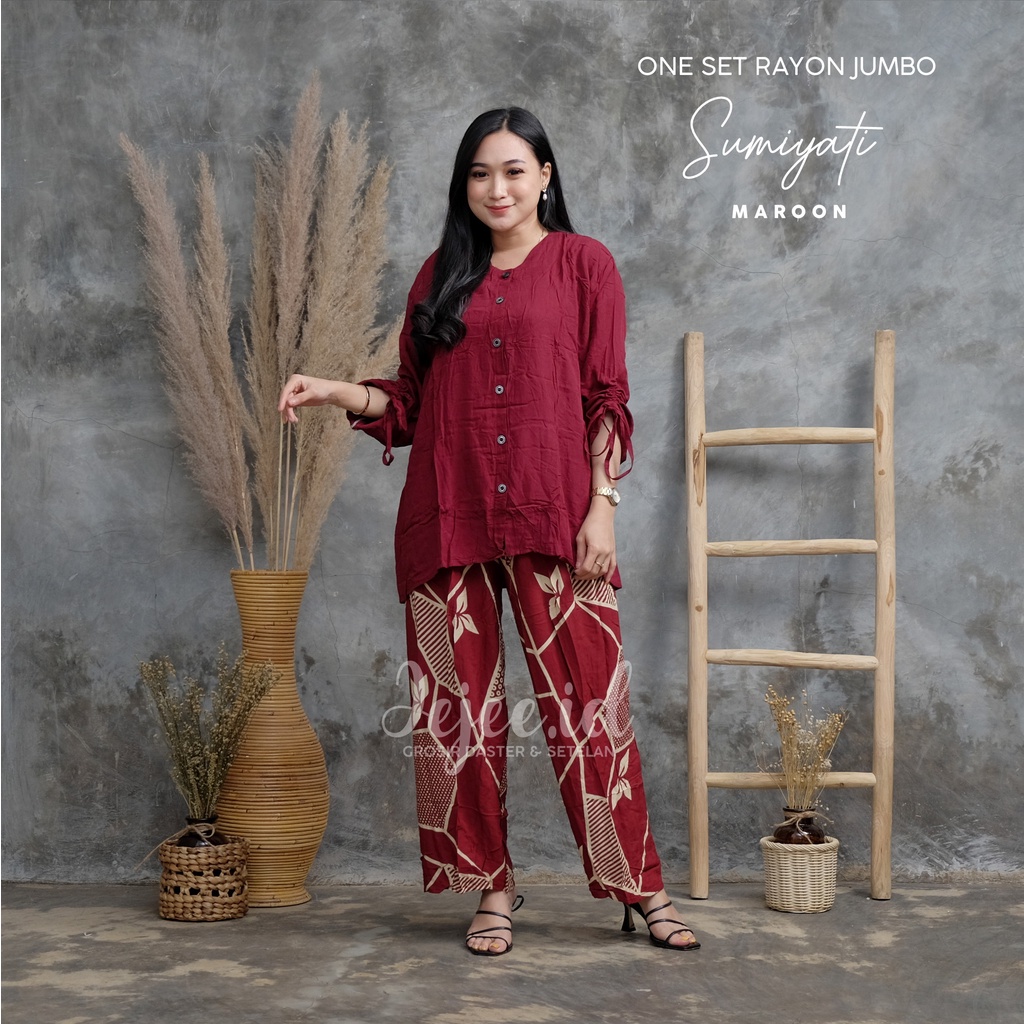 SETELAN RAYON JUMBO LD 120 CM BIG SIZE SUNDARI SET PIYAMA TIE DYE LENGAN PANJANG KANCING-SUMIYATI-MAROON
