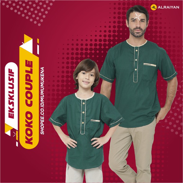 BAJU KOKO COUPLE ANAK DAN AYAH DEWASA WARNA HIJAU BOTOL ATASAN MUSLIM PRIA KOKO LENGAN PENDEK